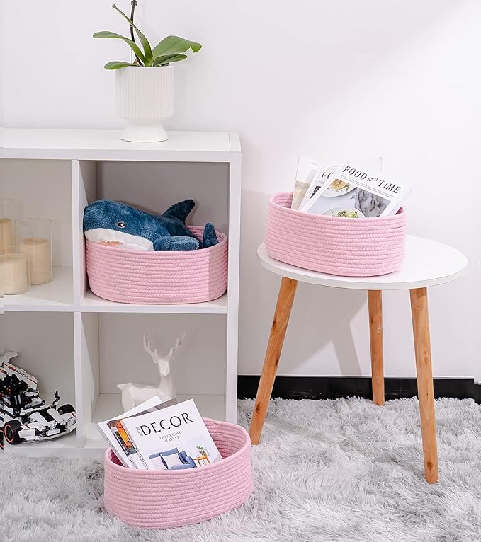 Cute Baskets for Shelf Storage Small Woven Basket to Store and Organize Daily Items/Durable Rope Basket for Living Room, Bedroom,Playroom/Oval-13x8.66x5.11’’,Stylish 3 Packs Pink-CubbioJoy