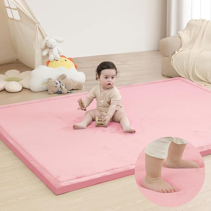 Baby Play Mat for Floor,1.3" Thick Memory Foam Tummy Time Mat for Toddlers,Infants,Kids,Soft Coral Velvet,Extra Large Non Slip for Crawling,Yoga,Tatami Style for Living Room(Pink)-CubbioJoy