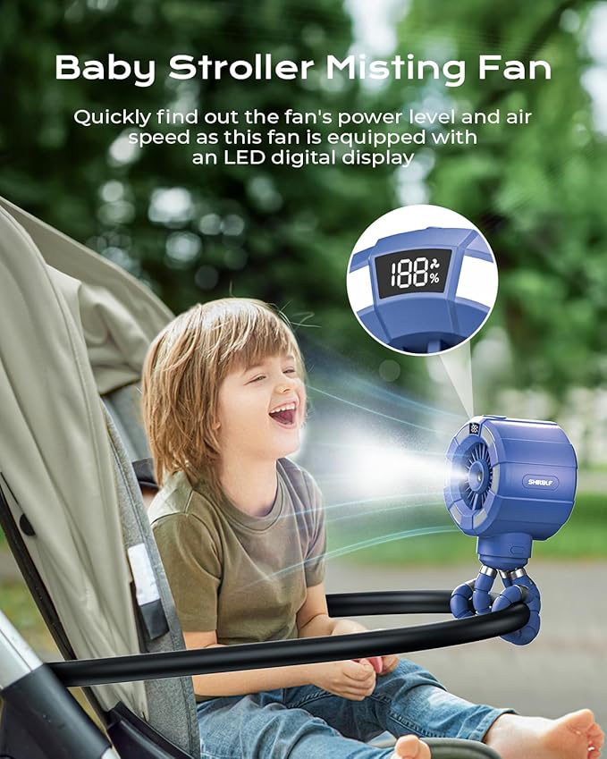 6000mAh Misting Fan for Stroller, 3 Speeds Portable Clip Fan with Intermittent/Continuous Spray, 14H Cooling, Detachable Mount, Timer & Night Light for Baby (100ML Water Tank)-Darblue-CubbioJoy