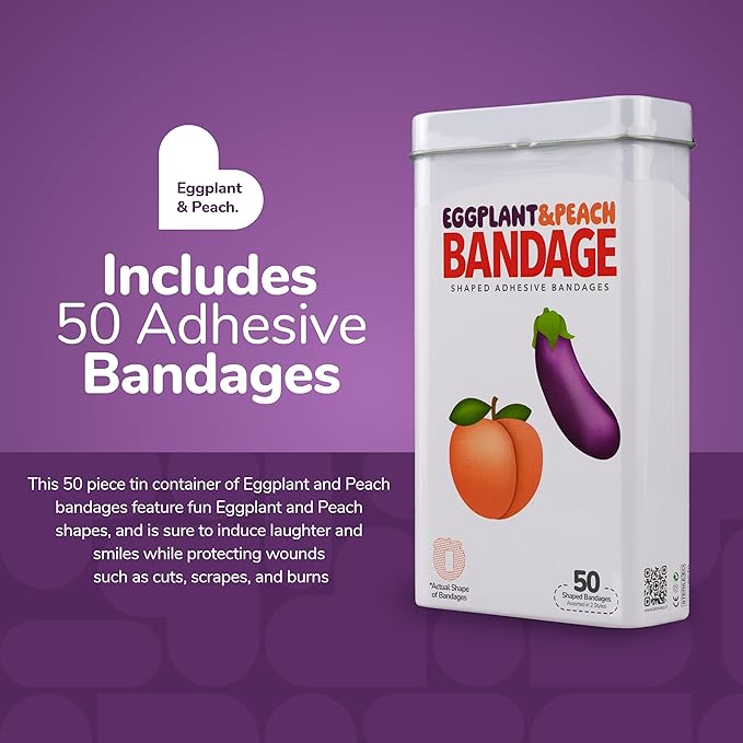 BioSwiss Bandages, Eggplant and Peach Shaped Adult Self Adhesive Bandage, Latex Free Sterile Wound Care, Funny First Aid Kit Supplies for Adults, 50 Count-CubbioJoy