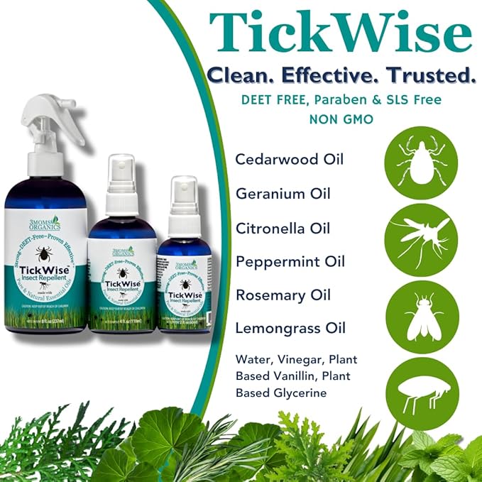 3 Moms Organics TickWise | DEET- Free, Tick and Insect Repellent | Plant Based Essential Oils and All Natural Ingredients | Safe for Kids, Adults, Dogs and HorsesTrio 8oz,4oz,2oz-CubbioJoy