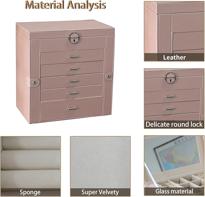 BOOVO Jewelry Box For women, 6 Layer Large Jewelry Organizer With Mirror, Multi-Function Storage Box With Lock, Accessory Holder With 5 Drawers, For Earrings Necklace Ring Bracelet (Rose Gold)-CubbioJoy