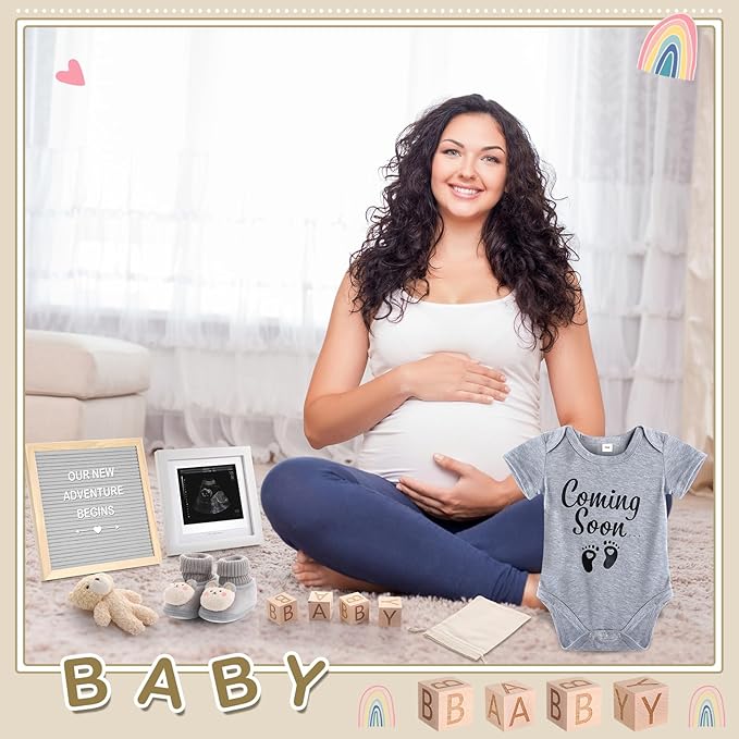 9 Pcs Pregnancy Announcement Set Pregnancy Reveal Ideas Felt Letter Board Baby Bodysuit Booties Photo Frame Bear Plush Wood Blocks for Coming Soon Baby Announcement(Gray)-CubbioJoy