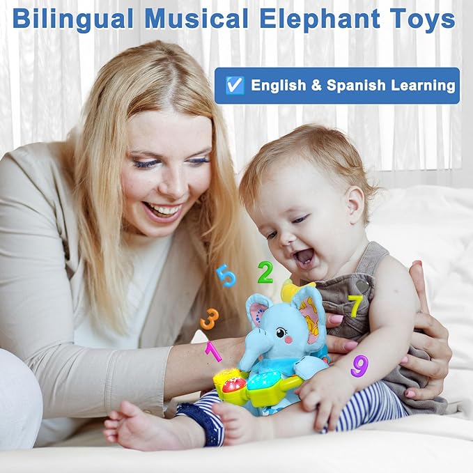 Baby Elephant Musical Stuffed Animals Toy with Light-Up Music & Crinkle,Infant Bilingual Early Learning Education Toys,1st Easter Basket Shower Stuffers for 0-3-6-12+ Months Boy Girl Gifts,Blue-CubbioJoy