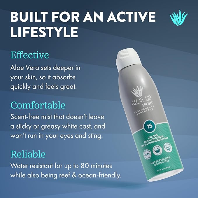 Aloe Up Sport Continuous Spray Sunscreen SPF 15 - Broad Spectrum UVA/UVB Sunscreen Protector for Face and Body - With Aloe Vera Gel - Fast Absorbing Sheer Formula - Reef Safe - Fragrance-Free - 6 Oz-CubbioJoy