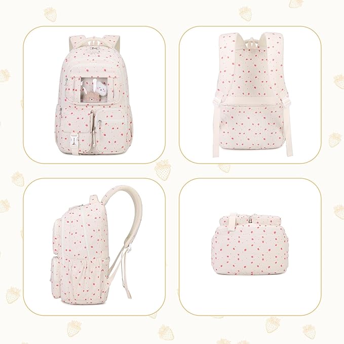 Corduroy Backpack Kids Backpack for Girls School Bags for Middle School Students Book Bag for Elementary Primary Kawaii Ita Backpack, Beige Strawberry-CubbioJoy