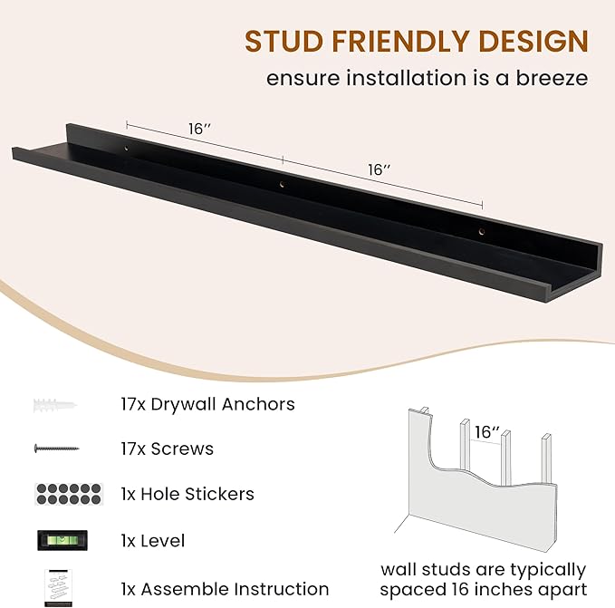 Axeman Picture Ledge Shelf, Floating Shelves for Wall Decor Storage Set of 6, 48 inch Floating Wall Mounted Shelves, Wall Shelves with Lip for Living Room, Bedroom, Nursery, Bathroom, Kitchen, Black-CubbioJoy