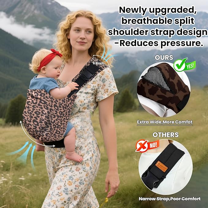 Baby Sling Carrier Adjustable Baby Sling 2025 Upgraded Toddler Sling Comfortable Baby Wrap Carriers Ergonomic-Designed, Travel Friendly Carrying 10-45 LbsLeopard-CubbioJoy