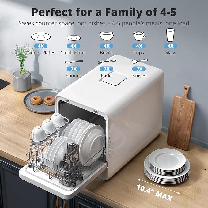 AIRMSEN Portable Countertop Dishwasher with 5L Water Tank, Mini Dishwasher with 14.6” Narrow & 20.1“ Deep Design, 9 Programs, 24H Delay Start & 360° Dual Spray, No Hookup Needed, C01, White-CubbioJoy
