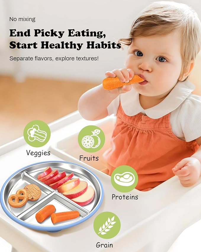 8" Stainless Steel Toddler Plates with Suction, Divided Plates with Removable Silicone Sleeves for Baby, Non Toxic & BPA Free |Unbreakable |Dishwasher Safe Dinnerware Set of 2, Blue & Gray-CubbioJoy