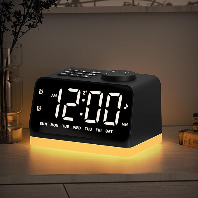 Digital Alarm Clock with FM Radio for Bedroom, 8 Colors Night Light with 2 Charging Port, Sleep Sound Machines with Timer, Dual Alarm, Loud Alarm and Easy to Use for Seniors and Kids as Gift (Black)-CubbioJoy