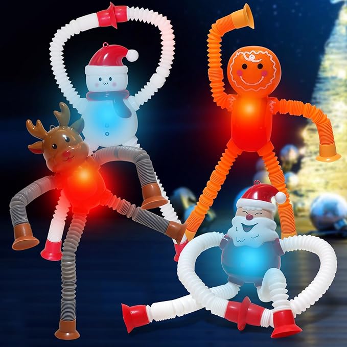 Christmas LED Pop Tubes Light Up 4 Pcs Sensory Fidget Toys, Telescopic Suction Cup Santa Toys Autism Christmas Party Favors Game Prizes Goody Bags Stocking Stuffers Treats for Kids 3+ (Christmas)-CubbioJoy