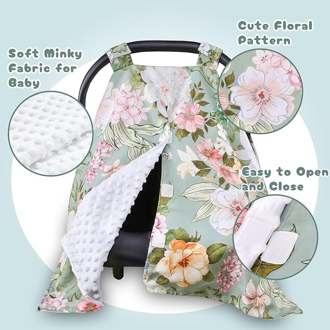 Car Seat Cover Baby, Flroal Infant Car Seat Canopy Covers for Newborn Girls Boys, Soft Breathable Minky Carseat Covers Stretchy Multi-Use Nursing Cover for Stroller Baby Car Seat, Green Leaf-CubbioJoy