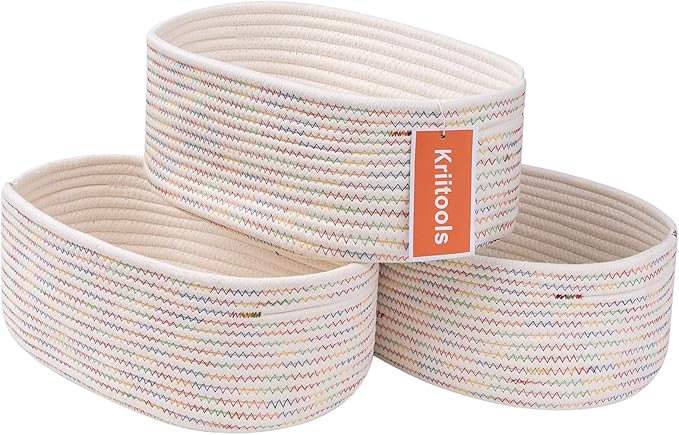 Baskets&Bins for Shelf Storage &Organizing/Cute Basket to Store and Organize Daily Items/Woven Rope Basket for Living Room, Bedroom,Playroom/Small Oval-13x8.66x5.11’’,3 Packs Rainbow-CubbioJoy