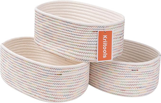 Baskets&Bins for Shelf Storage &Organizing/Cute Basket to Store and Organize Daily Items/Woven Rope Basket for Living Room, Bedroom,Playroom/Small Oval-13x8.66x5.11’’,3 Packs Rainbow-CubbioJoy