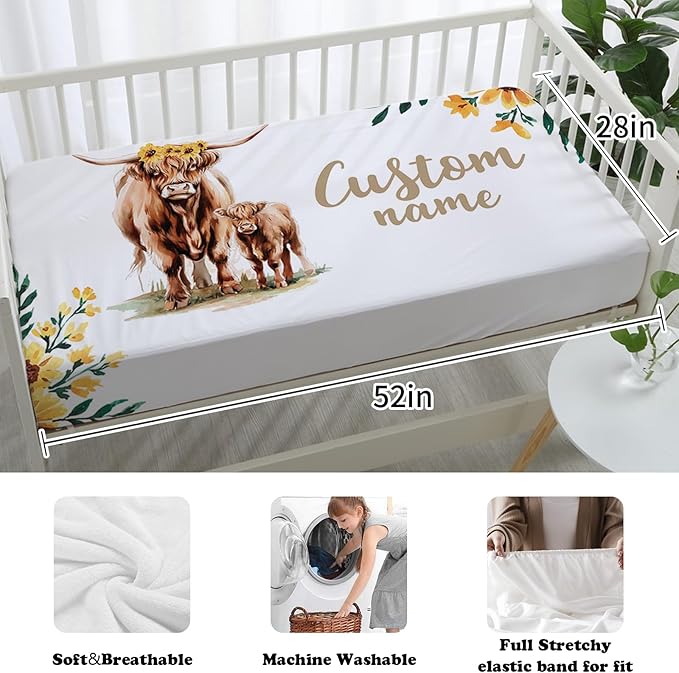 Custom Nursery Crib Bedding Set: Personalized Name 4 Piece Yellow Highland Cattle Design Baby Crib Sets for Girls - Toddler Double Layer Blanket Set, Comfortable Crib Bed Sheets for Baby Toddlers-CubbioJoy