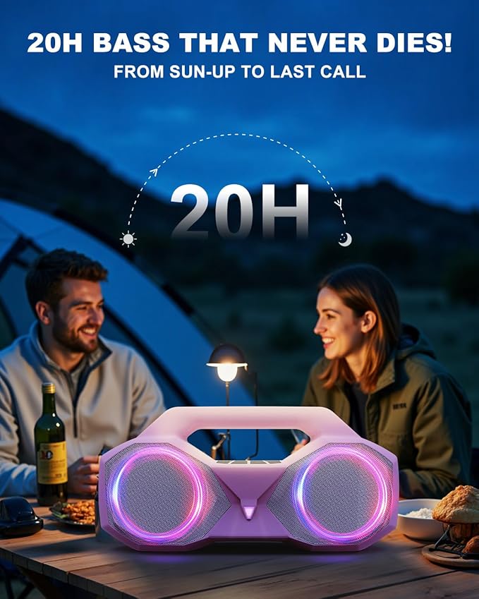 Bluetooth Speaker 80W(Peak)Loud with Bass, 20H Playtime, IPX7 Waterproof, RGB Lights, TWS, Large Portable Wireless Speakers for Outdoor, Home, Party, Pool, Beach, Tailgating, Gym, Work, Gifts (Pink)-CubbioJoy