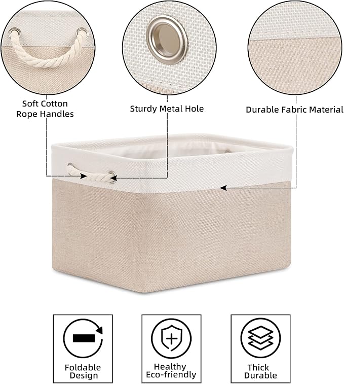Bidtakay Large Fabric Baskets with Handles [3-Pack] Collapsible Storage Basket for Shelves 15 X 11 X 9.5 inches Canvas Bins for Closet Organization (White&Beige)-CubbioJoy