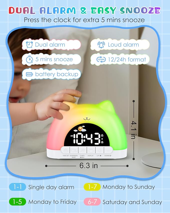 Kids Alarm Clock, OK to Wake Clock for Kids, Cat Clock with 11 Colors Night Light, 10 Soothing Sounds, Child Lock, Dual Alarms, Sleep Training, Birthday Gift for Boy Girls Children-CubbioJoy