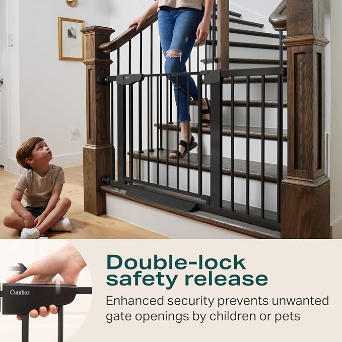 Cumbor 2 Pack 29.7-46" Baby Gate for Stairs, Mom's Choice Awards Winner-Auto Close Dog Gate for doorways, Easy Install Pressure Mounted Pet Gates indoor, Easy Walk Thru Wide Safety Gate for Dog, Black-CubbioJoy