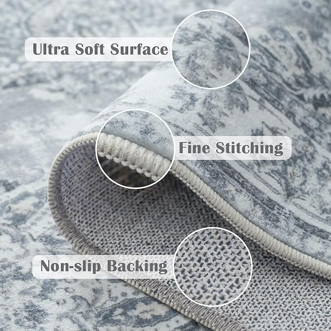 jinchan Runner Rug 2x5 Washable Hallway Runner- Vintage Floral Non Slip Low-Pile Soft Thin Kitchen Rug Distressed Carpet for Farmhouse Bedroom Entryway Laundry Room(2x5ft,Grey)-CubbioJoy