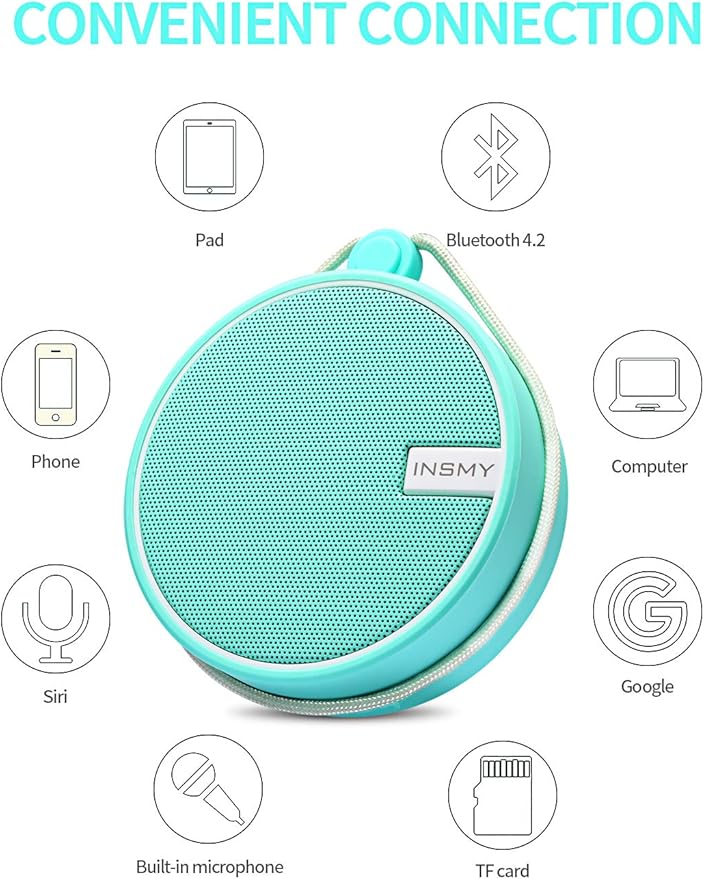 INSMY C12 IPX7 Waterproof Shower Bluetooth Speaker, Portable Small Speaker, Speakers Bluetooth Wireless Loud Clear Sound Support TF Card Suction Cup for Outdoor Kayak Canoe Beach Gift (Mint)-CubbioJoy