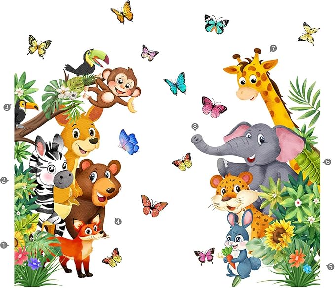 Jungle Animal Wall Decals, Cartoon Animal Sticker Safari Elephant Lion Monkey Wall Decals for Baby Room Playroom Bedroom Classroom Kindergarten Decor-CubbioJoy