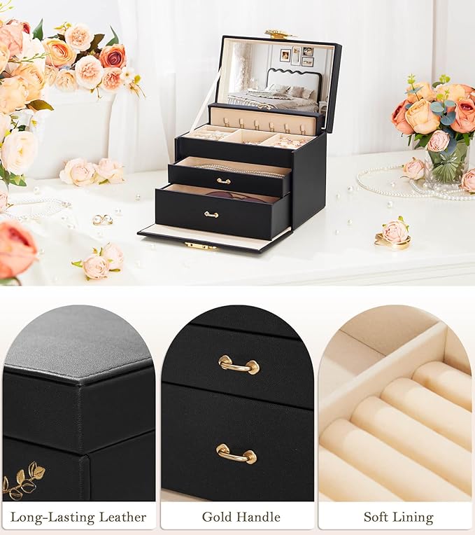 Jewelry Box with Lock for Girls: Jewelry Organizer for Dresser - 3-Drawer Earrings Storage Girls Women Gift (Black)-CubbioJoy