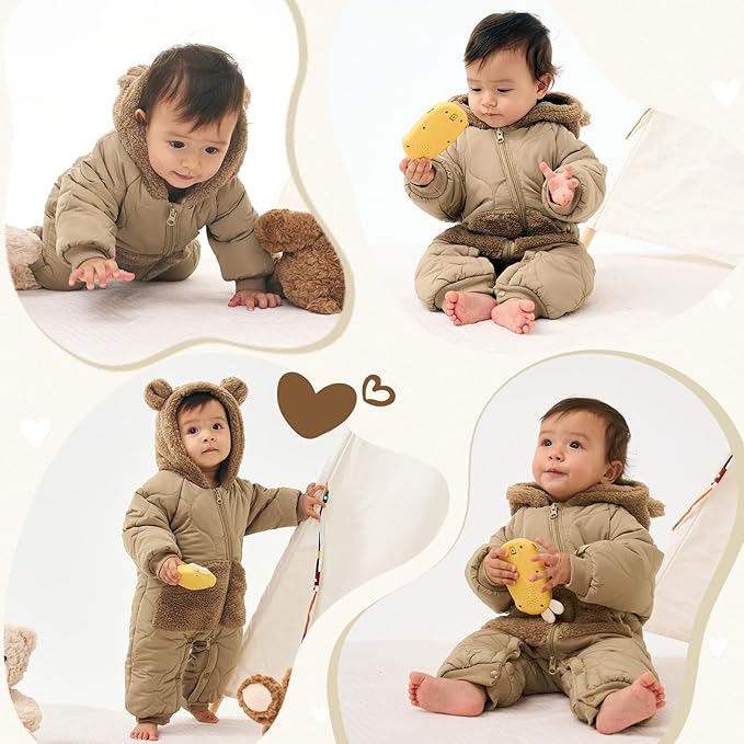 JiAmy Baby Snowsuit Newborn Winter Clothes Coat Romper Windproof Fleece Hat Zipper Baby Bear Outfit-CubbioJoy