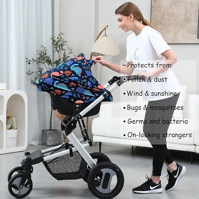 Car Seat Covers for Babies - Multi-use Carseat Canopy Cover Breastfeeding Covers, Stroller Canopy Cover (Navy Dinosaur)-CubbioJoy