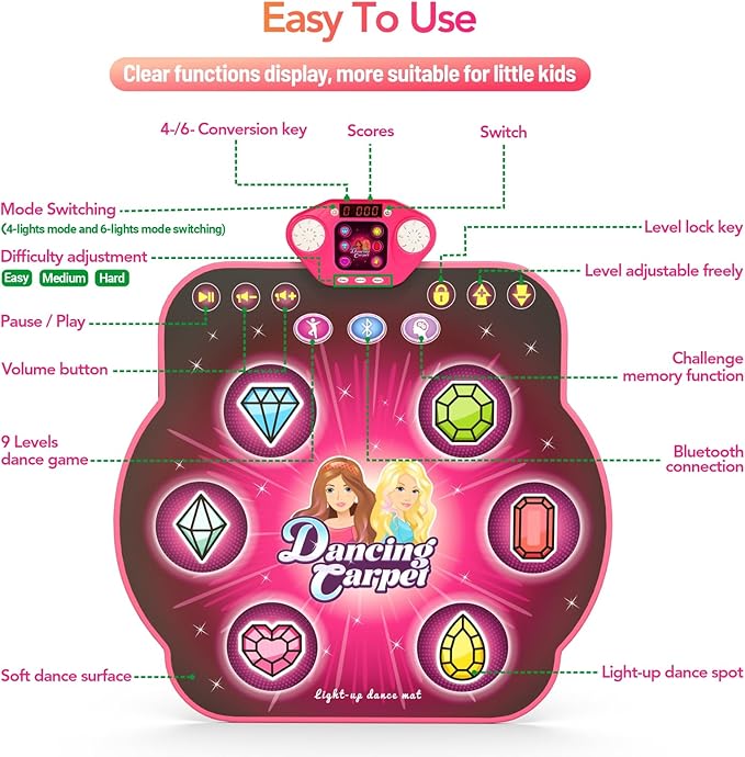 Dance Mat Toys for 3-12 Year Old Girls, 6-Button Kids Dance Mats Bluetooth Dance Pad, Light-up 6 Game Modes Dance Mat for Kids, Christmas/Birthday Gifts for 3-5 6 7 8 9 10+ Year Old Kid-CubbioJoy