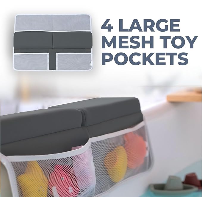 Comfortable Baby Bath Kneeler and Elbow Rest Pad Set – Thick Memory Foam Bath Kneeling Pad with Elbow Support – Baby Bathtub Cushion with Toy Organizer for Bathing Infant or Toddler - Dark Grey-CubbioJoy