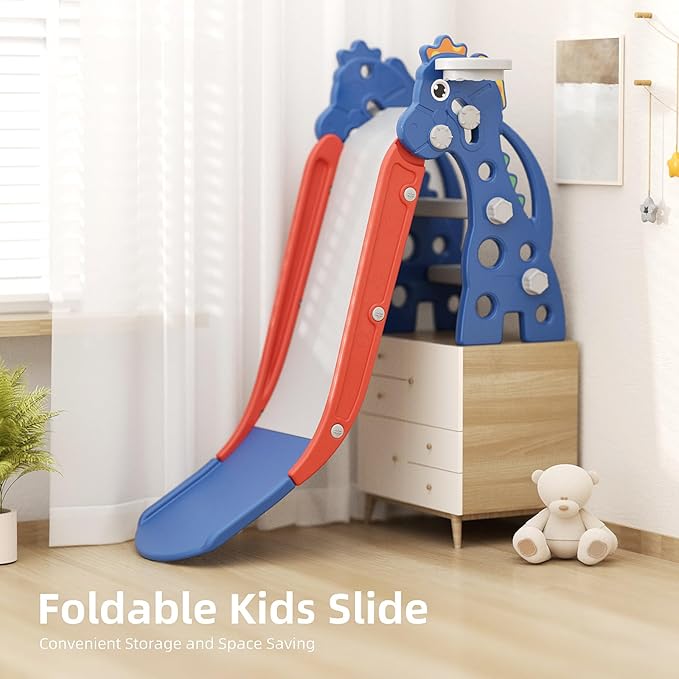 67i Toddler Slide for Indoor & Outdoor Play with Basketball Hoop, Anti-Slip Steps, 46.8in Baby Climber (Blue)-CubbioJoy