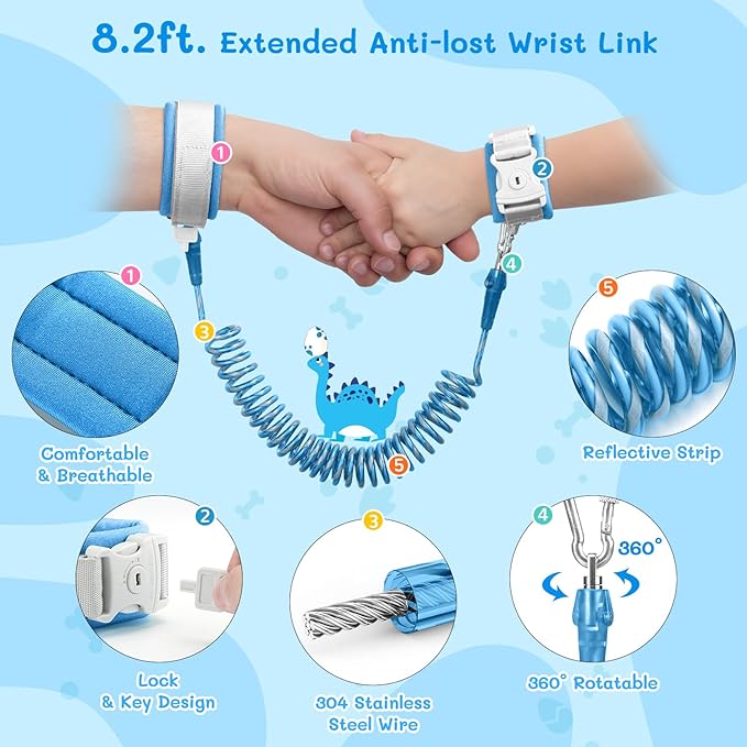 Dr.meter 3 in 1 Toddler Harness Leash + 8.2ft Anti Lost Wrist Link, Cute Dinosaur Kids Safety Harness with Key Lock, Child Walking Harness Assistant Strap for Outdoor Activity Travel-CubbioJoy