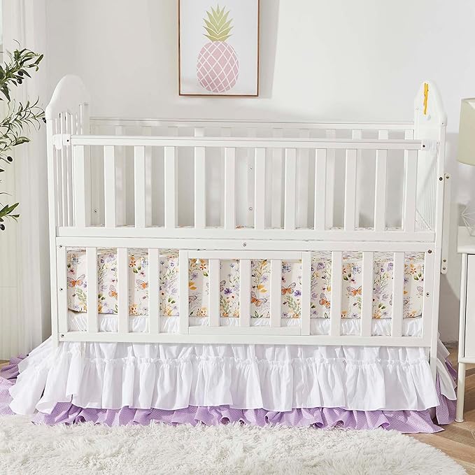 Brandream Wildflower Butterfly Crib Bedding Sets for Girls Nursery Set 3-Piece Farmhouse Quilt Comforter Set, Baby or Toddler Fitted Sheet, Double Crib Skirt, Cotton-CubbioJoy