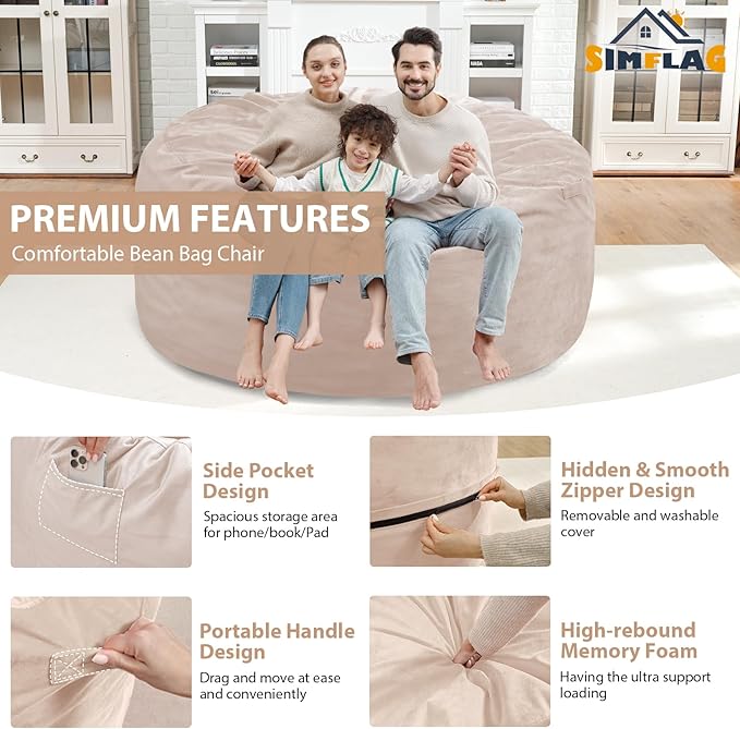 5FT Bean Bag Chair, Large Bean Bag Chairs with Memory Foam Filled, Fluffy Beanbag Sofa with Dutch Velvet Cover, Round BeanBag Chairs for Living Room, Playroom - Beige-CubbioJoy