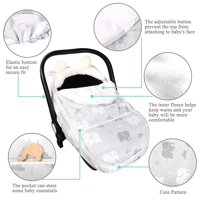 Carseat Cover Boys, Winter Cozy & Warm Cover, Elephant Baby Car Seat Cover, Infant Car Seat Canopy, Ultra-Soft Breathable Protect Baby from Cold Wind, Zipped Removable Design-CubbioJoy