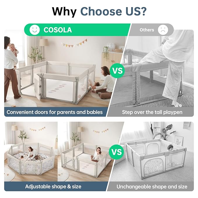 Baby Playpen,Large Play Pen for Babies and Toddlers with Door 79x71 Inch, Adjustable Playpen Non-Slip Suction Cups Base Safe and Sturdy, Indoor Outdoor Playard,Black-CubbioJoy