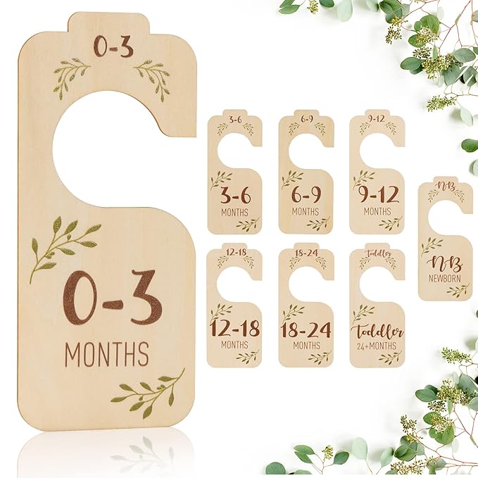 Baby Closet Dividers for Clothes Organizer - Set of 8 Beautiful Wooden Double-Sided Baby Clothes Size Hanger Organizer from Newborn to 24 Months for Boho Nursery Decor-CubbioJoy