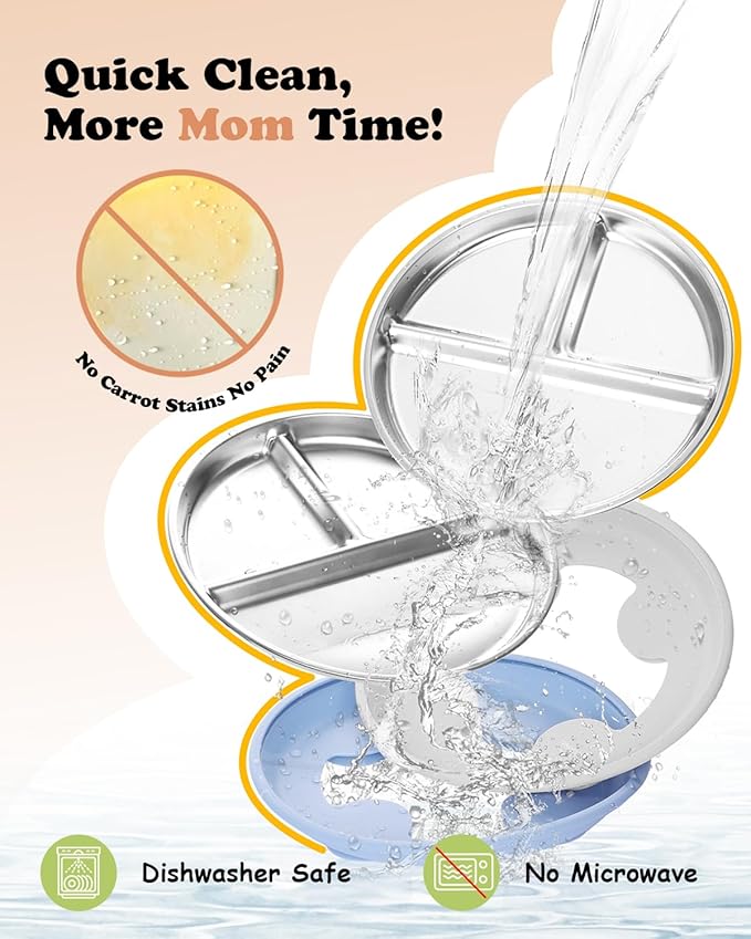 8" Stainless Steel Toddler Plates with Suction, Divided Plates with Removable Silicone Sleeves for Baby, Non Toxic & BPA Free |Unbreakable |Dishwasher Safe Dinnerware Set of 2, Blue & Gray-CubbioJoy