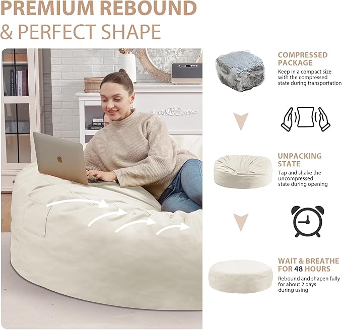 7FT Bean Bag Chair, Large Bean Bag Chairs with Memory Foam Filled, Fluffy Beanbag Sofa with Dutch Velvet Cover, Round BeanBag Chairs for Living Room, Playroom - Beige-CubbioJoy