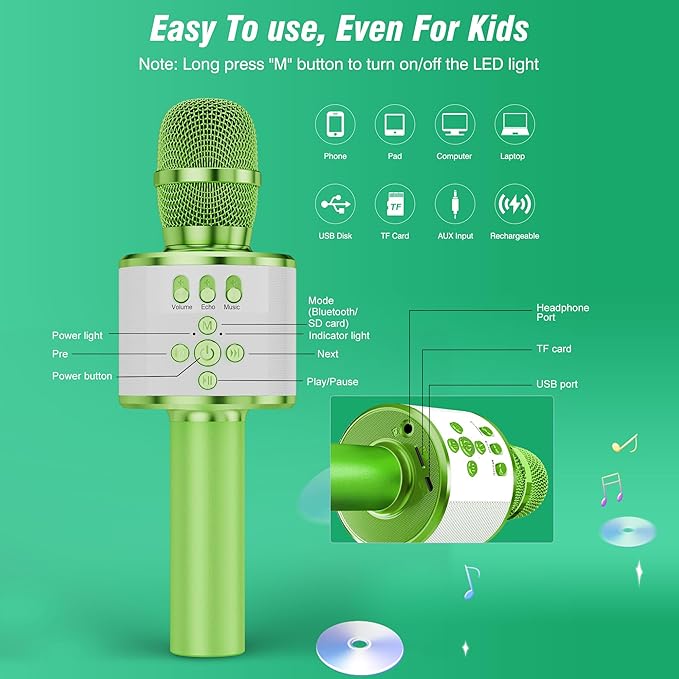 BONAOK Karaoke Microphone for Kids & Adults - Bluetooth Microphones Singing Mic with Disco Lights, Echo Effect, Built-in Speaker Portable Karaoke Player for Party Travel Gifts Q78(Green)-CubbioJoy