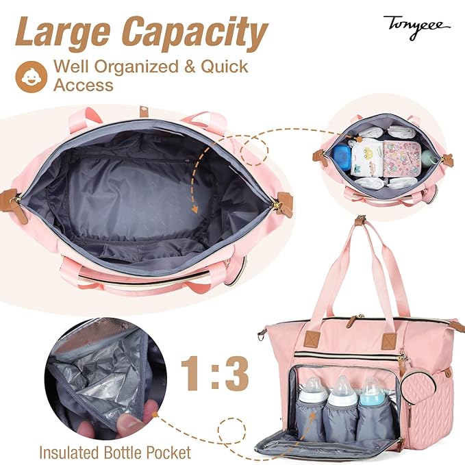 Diaper Bag Tote, Large Diaper Bags Waterproof, Hospital Bag for Labor Delivery, Baby Bag with Pacifier Case, Travel Diaper Tote with Changing Pad, Pink-CubbioJoy