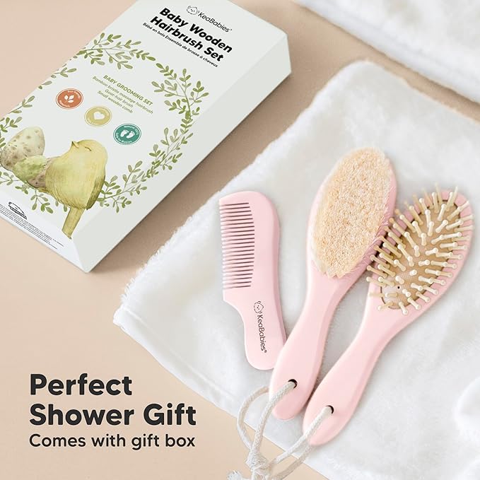 Baby Hair Brush and Comb Set for Newborn - Wooden Baby Hair Brush Set with Soft Goat Bristle, Baby Brush Set for Newborns, Baby Brush and Comb Set Girl, Boy, Toddler Cradle Cap Brush (Oval, Blush)-CubbioJoy