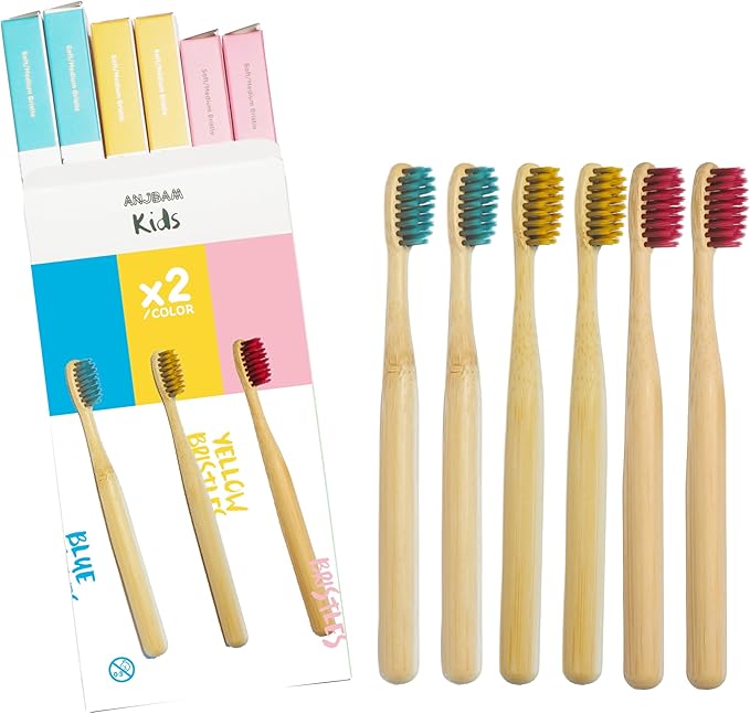 Children Bamboo Toothbrushes for 3 y+ Tots, BPA Free Bristles, Medium Soft, 6 PCS Bamboo Toothbrush for Dental Hygiene, Compostable and Sustainable, Classic Rounded Handle for Easy Grip-CubbioJoy