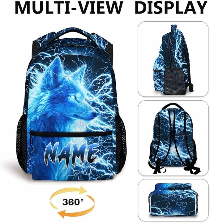 Custom Wolf Backpack for Boys Kids - 17 Inch Personalized Lightning Backpack for School Kindergarten Elementary Primary Senior Middle - Durable Cool Schoolbag with Name-CubbioJoy