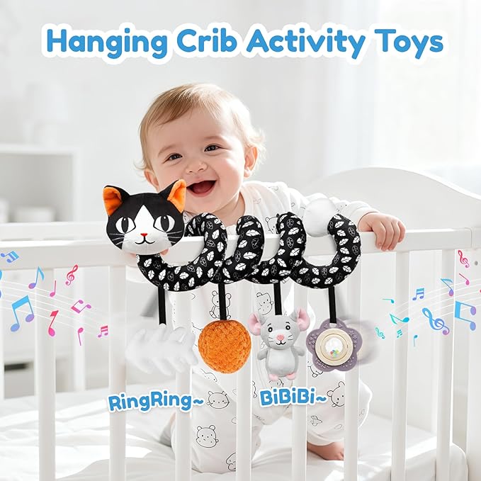 Car Seat Toys for Babies 0-6 Months,Hanging Rattle Toys for Crib Mobile, Baby Spiral Hanging Stroller Black and White High Contrast Toys for Newborn 0 3 6 9 12 Months Baby Boys Girls (Cat)-CubbioJoy