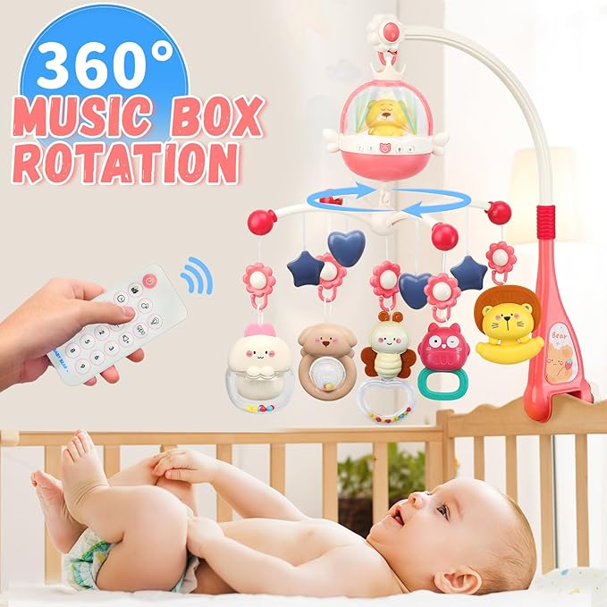 Baby Crib Mobile with Night Lights and Music,Hanging Mobile for Crib Bassinet with Rotation, Projection,Remote Control,Babies Crib Toys for Nursery Newborn Infant Boys Girls (Pink)-CubbioJoy