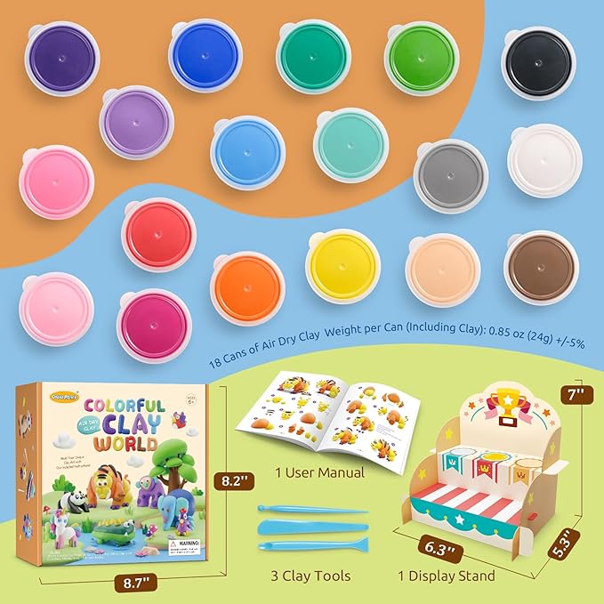 Drama Planet Air Dry Clay Kit for Kids - Comes with Instructional Guide Featuring 4 Scenes & 26 Projects Tutorials, 18 Cans of Modeling Clay, Includes Display Stand, Gift for Girls and Boys-CubbioJoy