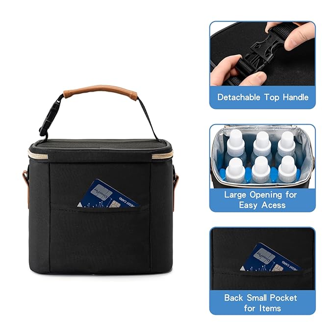 Breastmilk Cooler Bag with Ice Pack Fits 6 Baby Bottles Up to 5 Ounce, Baby Bottle Bag with Shoulder Strap for Nursing Mom Daycare-Black-CubbioJoy